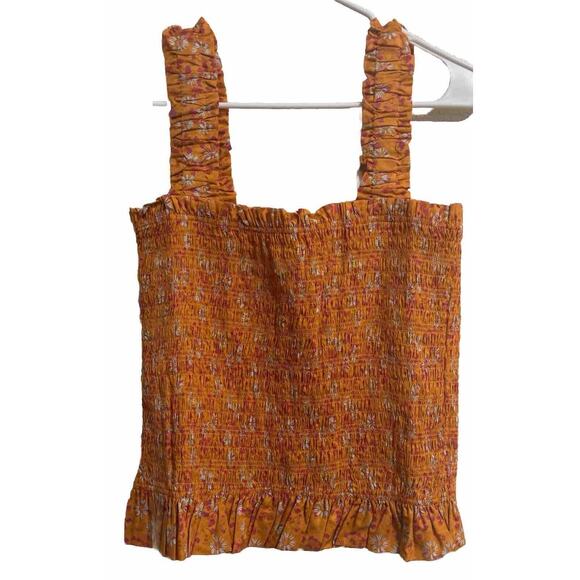 New WAYF Smocked Ruffle Tank Top Size XL Orange Floral Print Cotton Y2K Cottage - Picture 1 of 7
